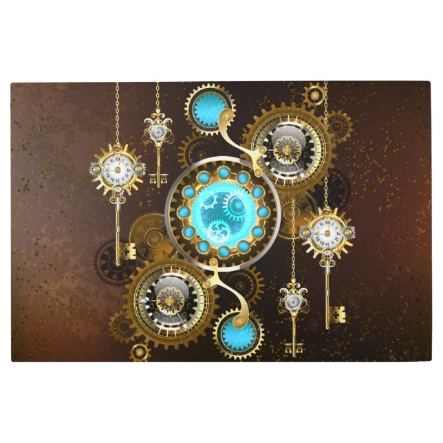 スチームパンクさびた背景(ターコイズレンズ付) メタルプリント (正面)