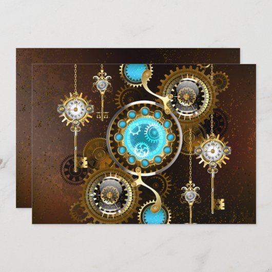 スチームパンクさびた背景(ターコイズレンズ付) 招待状 (正面/裏面)