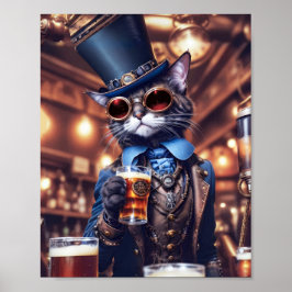 スチームパンクな灰色の猫、トップハットとゴーグルとビール - ポスター