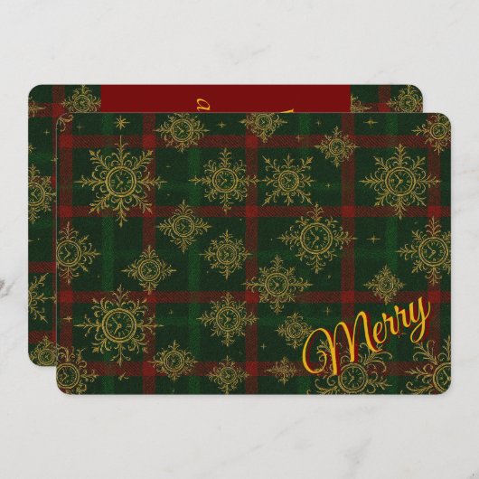 スチームパンクな雪の結晶の赤と緑のタータン シーズンカード (正面/裏面)