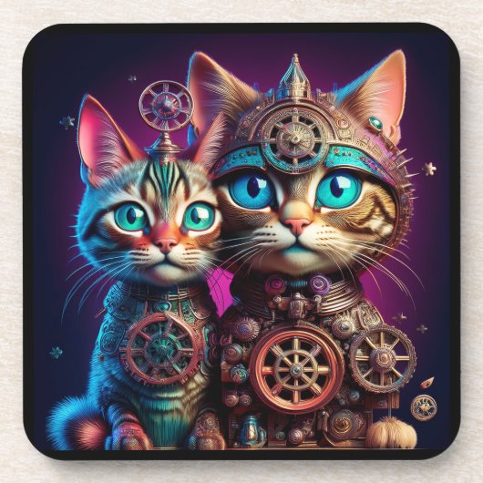 スチームパンクな2匹の子猫のポーズ コースター (正面)