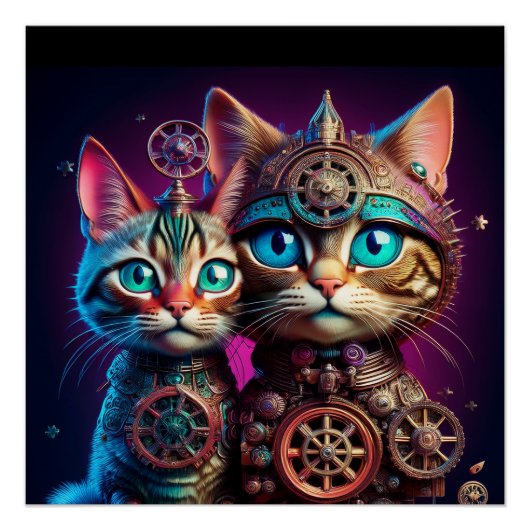 スチームパンクな2匹の子猫のポーズ ポスター (正面)