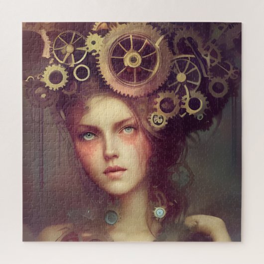 スチームパンクのギアを頭に持つファンタジーの女性 ジグソーパズル (縦)