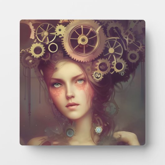 スチームパンクのギアを頭に持つファンタジーの女性 フォトプラーク (正面)