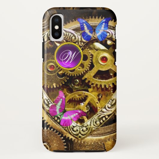 スチームパンクのギア、宝石、蝶のモノグラム Case-Mate iPhoneケース (裏面)