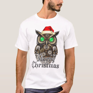 スチームパンクのクリスマスフクロウ: ビンテージ真鍮&エメラルドE Tシャツ