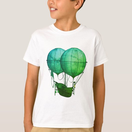 スチームパンクのグリーン熱気球と船 Tシャツ (正面)