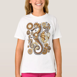 スチームパンクのタツノオトシゴ ビンテージのシュールアート Tシャツ
