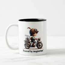 スチームパンクのバイクに乗った幸せな子供