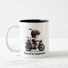 スチームパンクのバイクに乗った幸せな子供 ツートーンマグカップ