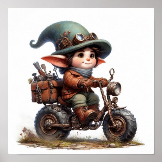 スチームパンクのバイクに乗る幸福な子ども ポスター (正面)