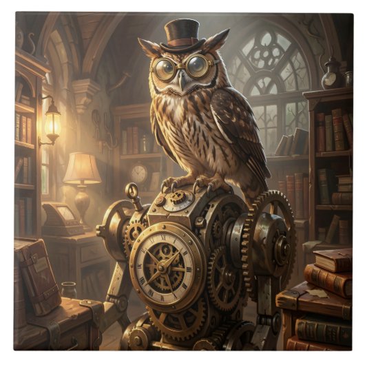 スチームパンクのフクロウの時計仕掛けのアートタイル タイル (正面)