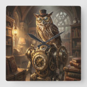 スチームパンクのフクロウの時計仕掛けのアート時計 スクエア壁時計 (正面)