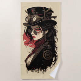 スチームパンクの女性肖像画 ビンテージギアアート ビーチタオル