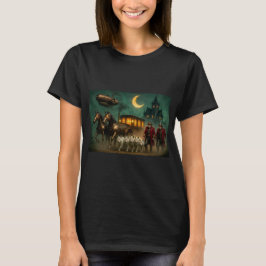 スチームパンクの御者と白狼が描かれた馬車 Tシャツ