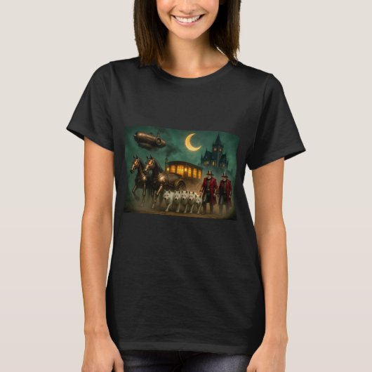 スチームパンクの御者と白狼が描かれた馬車 Tシャツ (正面)