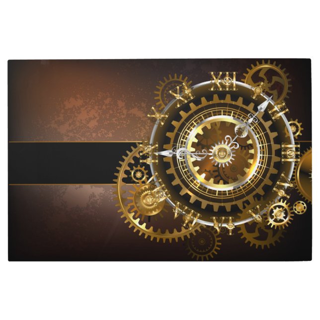 スチームパンクの時計とアンティークの歯車 メタルプリント (正面)