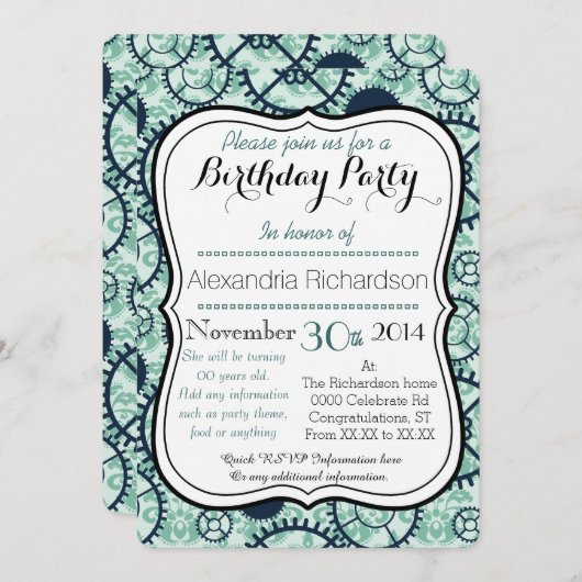 スチームパンクの時計ギアとダマスクの誕生日パーティー 招待状 (正面/裏面)