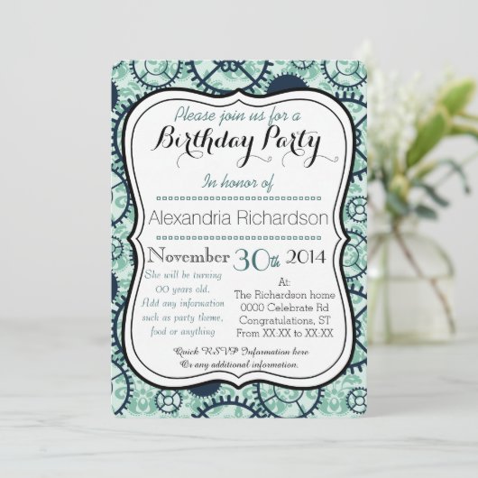 スチームパンクの時計ギアとダマスクの誕生日パーティー 招待状 (スタンド正面)