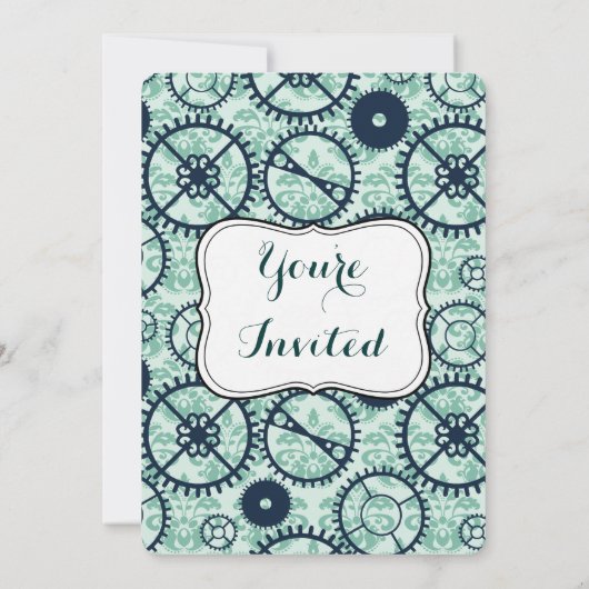 スチームパンクの時計ギアとダマスクの誕生日パーティー 招待状 (裏面)