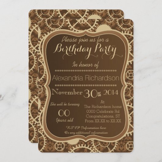 スチームパンクの時計ギアとダマスクの誕生日パーティー 招待状 (正面/裏面)