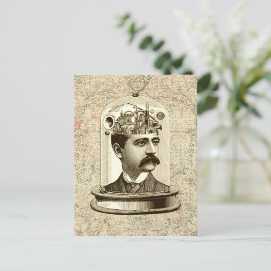 スチームパンクの時計仕掛けの脳の頭が瓶の中 ポストカード (スタンド正面)