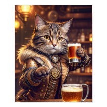 スチームパンクの猫がパブでビールを飲んでいる -