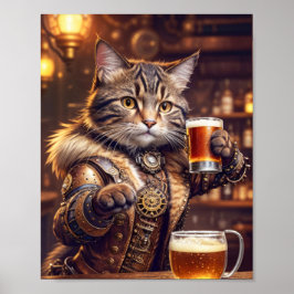 スチームパンクの猫がパブでビールを飲んでいる - ポスター