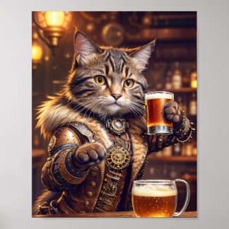 スチームパンクの猫がパブでビールを飲んでいる - ポスター