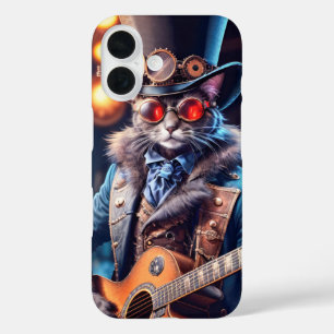 スチームパンクの猫 ギターを弾く トップハットとゴーグル iPhone 16ケース