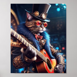 スチームパンクの猫:トップハットとゴーグルを身に着けたギタリスト ポスター