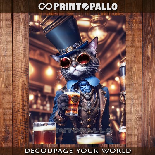 スチームパンクの猫、帽子、ゴーグル、ビール - デコパージュ ラッピングペーパーシート