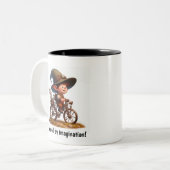 スチームパンクの自転車に乗って幸せな子ども ツートーンマグカップ (正面左)