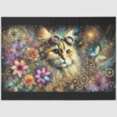 スチームパンクの花の幻想猫のポートレートデコパージュ 薄葉紙 (正面)