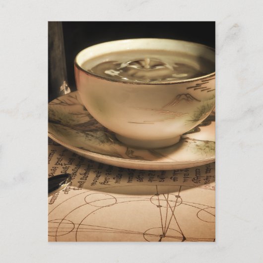 スチームパンクカップのコーヒーソースとポケットウォッチ付き ポストカード (正面)