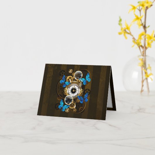 スチームパンクギアとブルーチョウ カード (黄色い花)