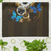 スチームパンクギアとブルーチョウ キッチンタオル (折り畳み)