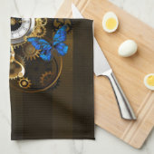 スチームパンクギアとブルーチョウ キッチンタオル (四つ折り)