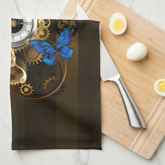 スチームパンクギアとブルーチョウ キッチンタオル (四つ折り)