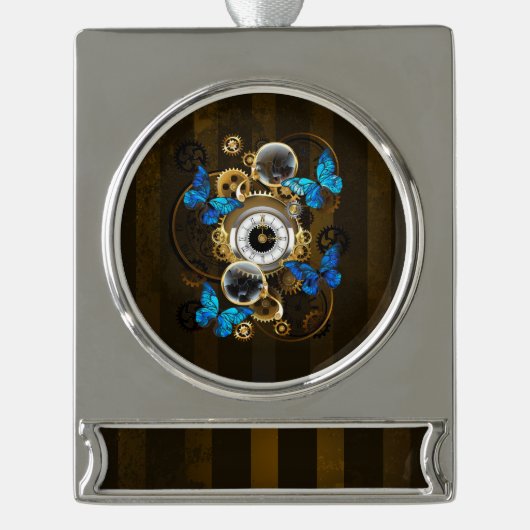 スチームパンクギアとブルーチョウ シルバープレートバナーオーナメント (正面)
