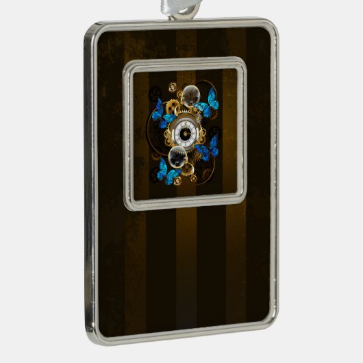 スチームパンクギアとブルーチョウ シルバープレートフレームオーナメント (右)