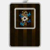 スチームパンクギアとブルーチョウ シルバープレートフレームオーナメント (正面)