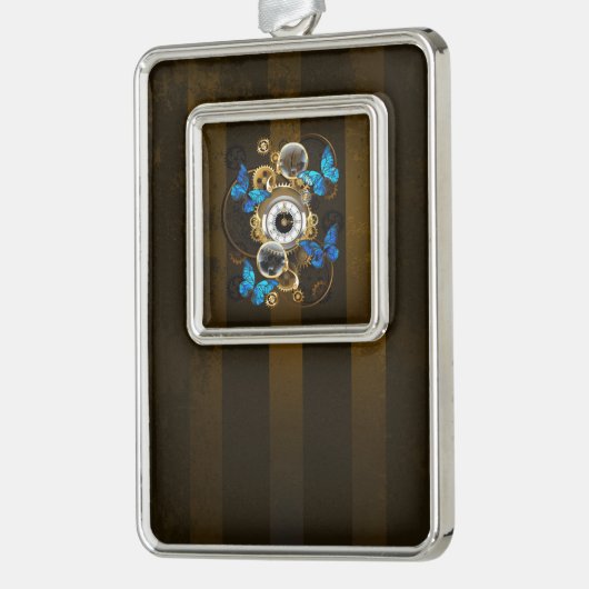 スチームパンクギアとブルーチョウ シルバープレートフレームオーナメント (左)