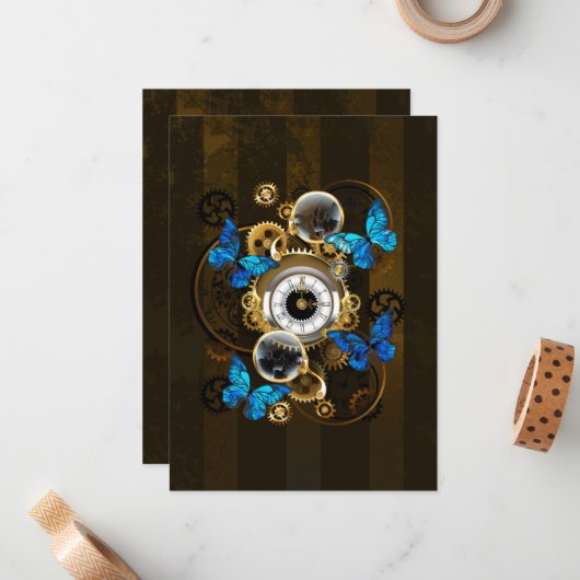 スチームパンクギアとブルーチョウ ノートカード (正面/裏面インサイチュ)