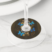 スチームパンクギアとブルーチョウ ワイングラスタグ (クローズアップ)