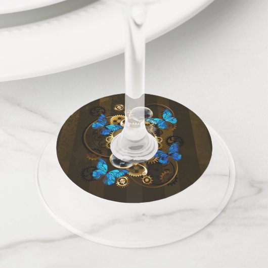 スチームパンクギアとブルーチョウ ワイングラスタグ (クローズアップ)