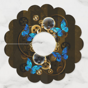 スチームパンクギアとブルーチョウ ワイングラスタグ