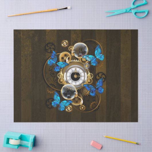 スチームパンクギアとブルーチョウ 薄葉紙 (クラフト)