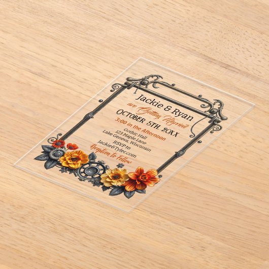スチームパンクギアと花をテーマ結婚にした アクリル招待状 (レイダウン)