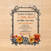 スチームパンクギアと花をテーマ結婚にした アクリル招待状 (正面)